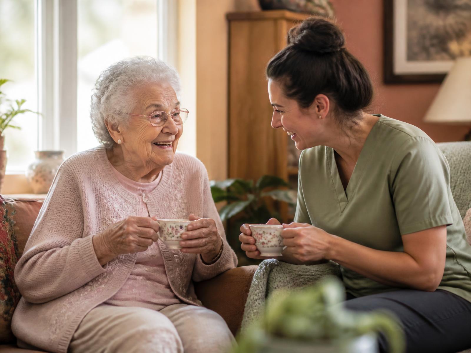 An older woman and a caregiver sharing tea and conversation in a sunlit living room
